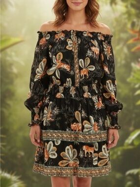 Poupette St Barth XS Sylvia off Shoulder Mini Smocked Dress Jungle Tiger Print
